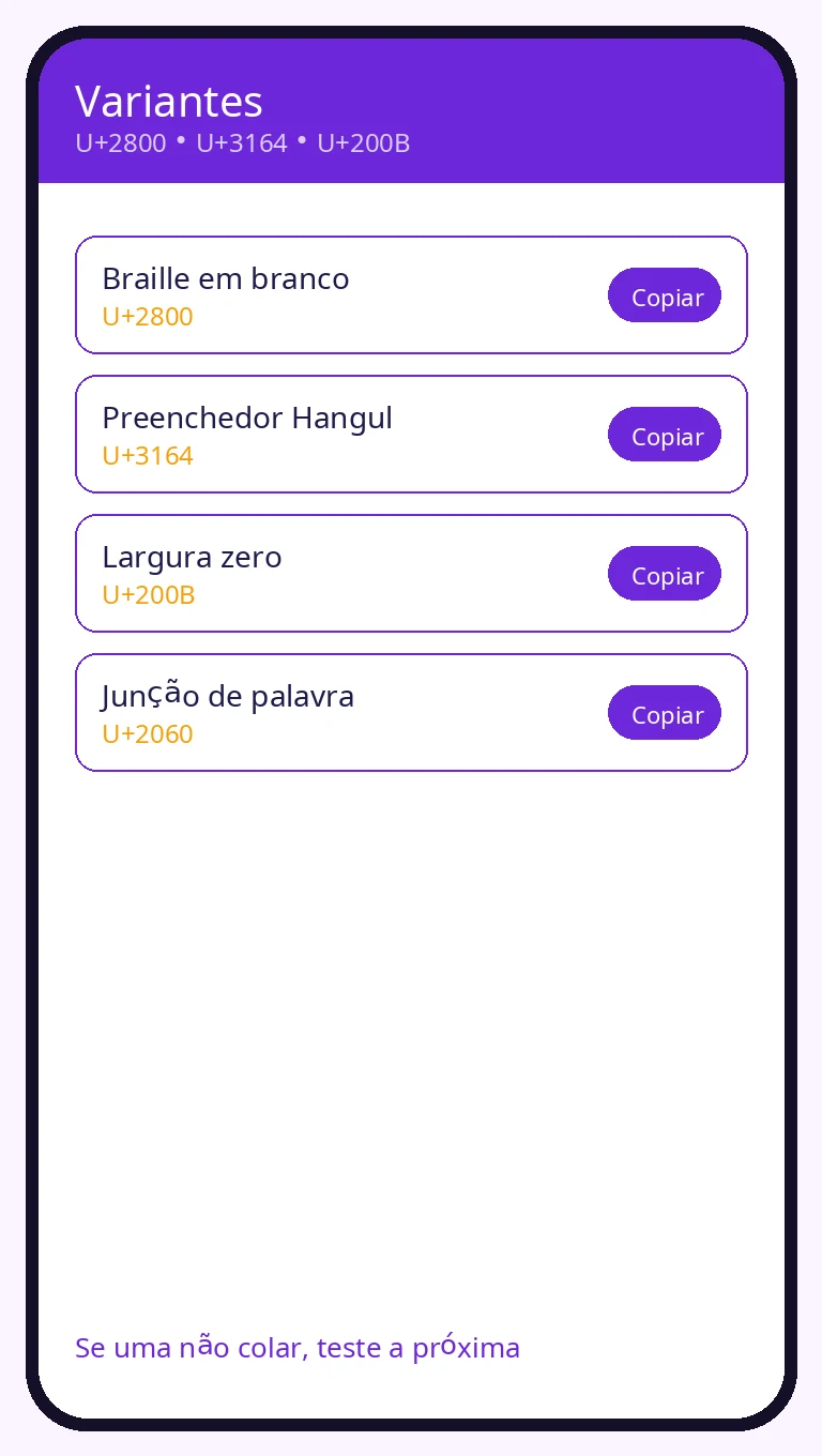 Variantes de espaço invisível com códigos Unicode